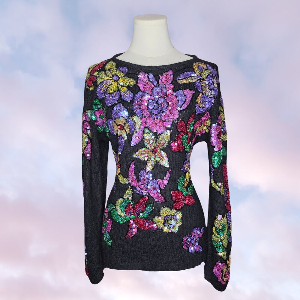 Work in Progress Black Silk Blend Floral Sequin Beaded Long Sleeved Sweater Sz M